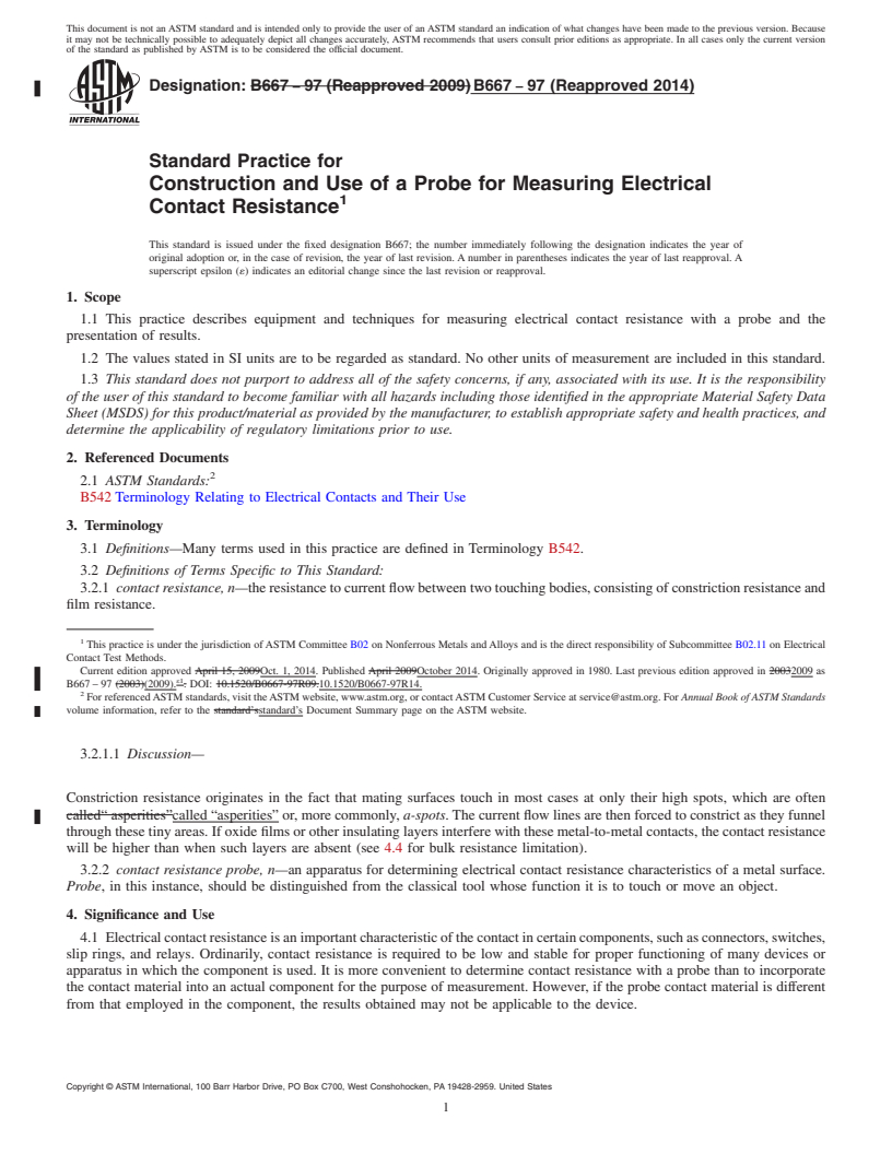 REDLINE ASTM B667-97(2014) - Standard Practice for Construction and Use of a Probe for Measuring Electrical Contact  Resistance