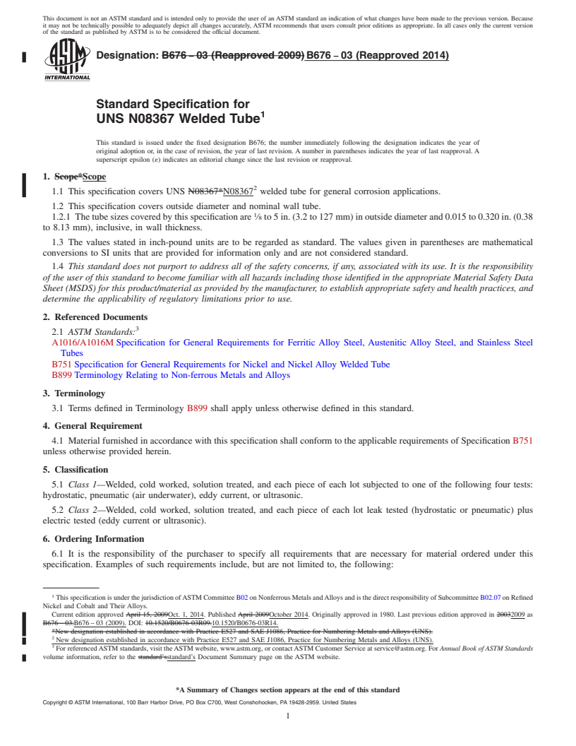 REDLINE ASTM B676-03(2014) - Standard Specification for UNS N08367 Welded Tube