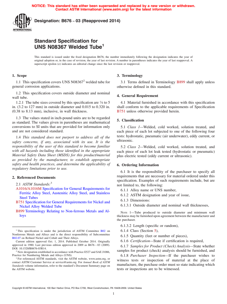 ASTM B676-03(2014) - Standard Specification for UNS N08367 Welded Tube