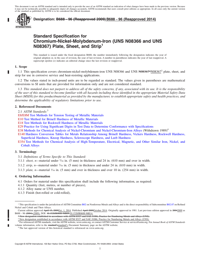 REDLINE ASTM B688-96(2014) - Standard Specification for Chromium-Nickel-Molybdenum-Iron &#40;UNS N08366 and UNS N08367&#41;  Plate,   Sheet, and Strip