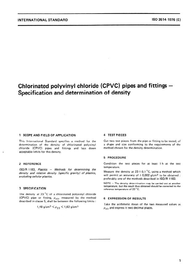 ISO 3514:1976 ISO 3514:1976 - Chlorinated polyvinyl chloride (CPVC) pipes and fittings -- Specification and determination of density - Page 3 preview