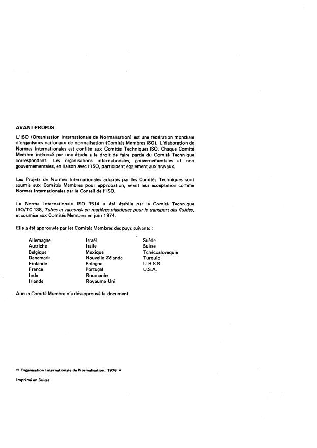 ISO 3514:1976 ISO 3514:1976 - Tubes et raccords en polychlorure de vinyle chloré (PVC-C) -- Spécification et détermination de la masse volumique - Page 2 preview