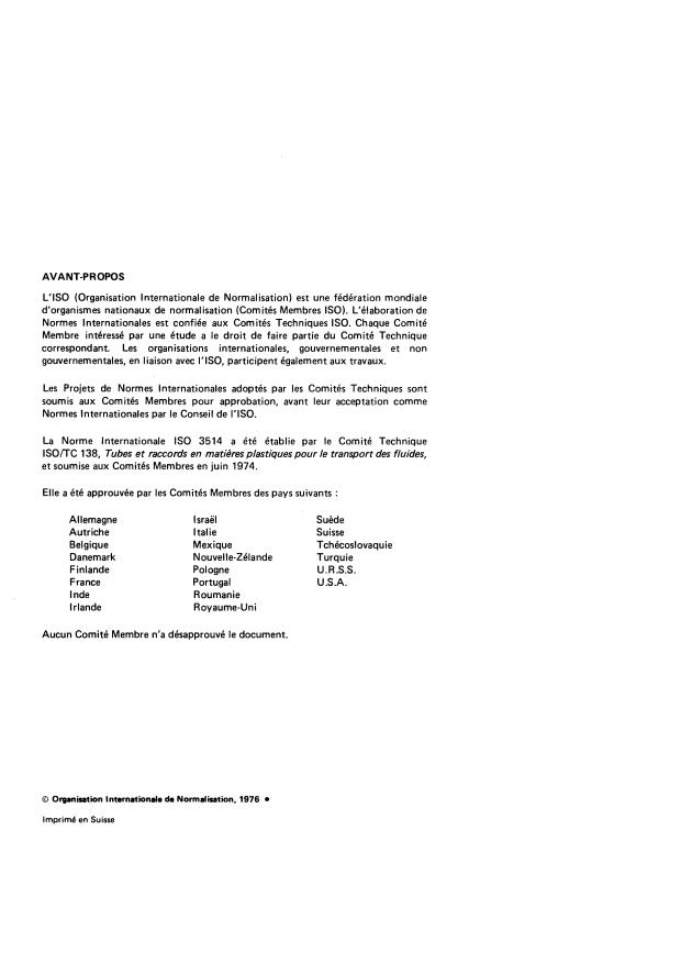 ISO 3514:1976 ISO 3514:1976 - Tubes et raccords en polychlorure de vinyle chloré (PVC-C) -- Spécification et détermination de la masse volumique - Page 2 preview