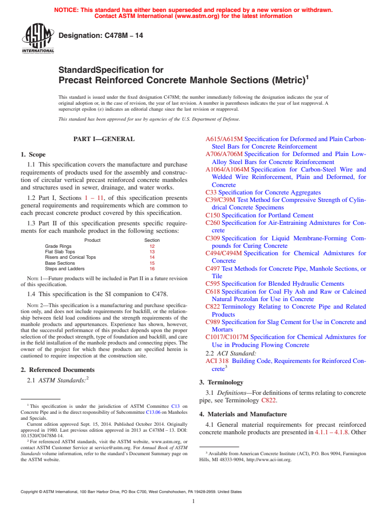 ASTM C478M-14 - Standard Specification for  Precast Reinforced Concrete Manhole Sections &#40;Metric&#41;