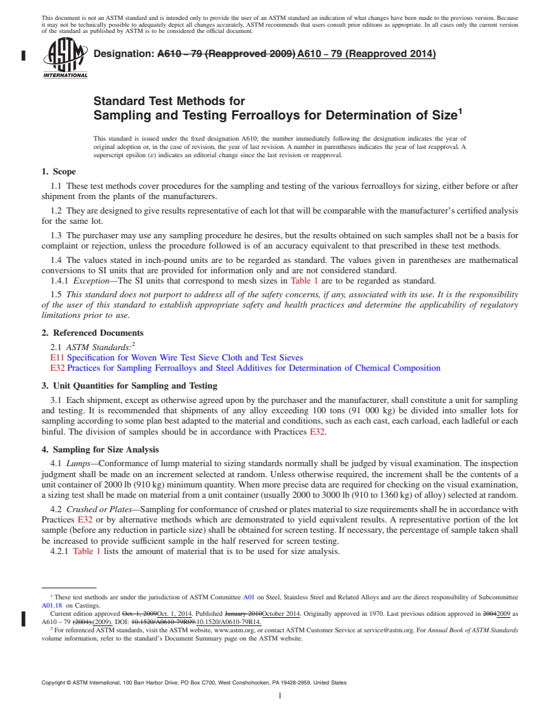 REDLINE ASTM A610-79(2014) - Standard Test Methods for  Sampling and Testing Ferroalloys for Determination of Size