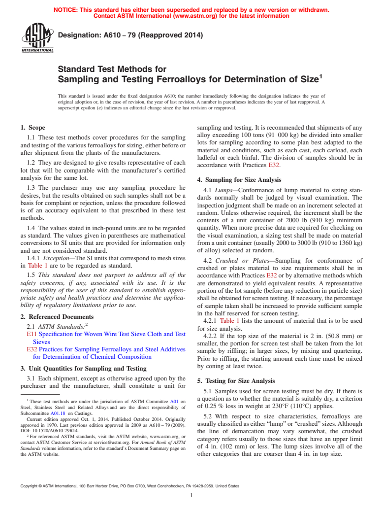 ASTM A610-79(2014) - Standard Test Methods for  Sampling and Testing Ferroalloys for Determination of Size