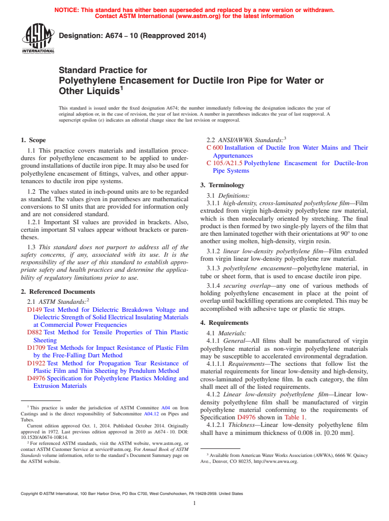 ASTM A674-10(2014) - Standard Practice for  Polyethylene Encasement for Ductile Iron Pipe for Water or   Other Liquids