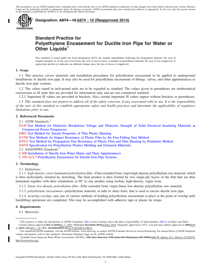 REDLINE ASTM A674-10(2014) - Standard Practice for  Polyethylene Encasement for Ductile Iron Pipe for Water or   Other Liquids