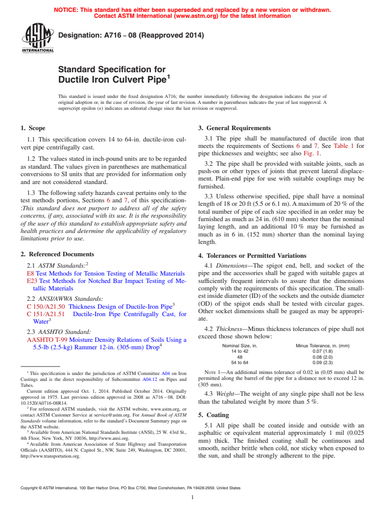 ASTM A716-08(2014) - Standard Specification for  Ductile Iron Culvert Pipe