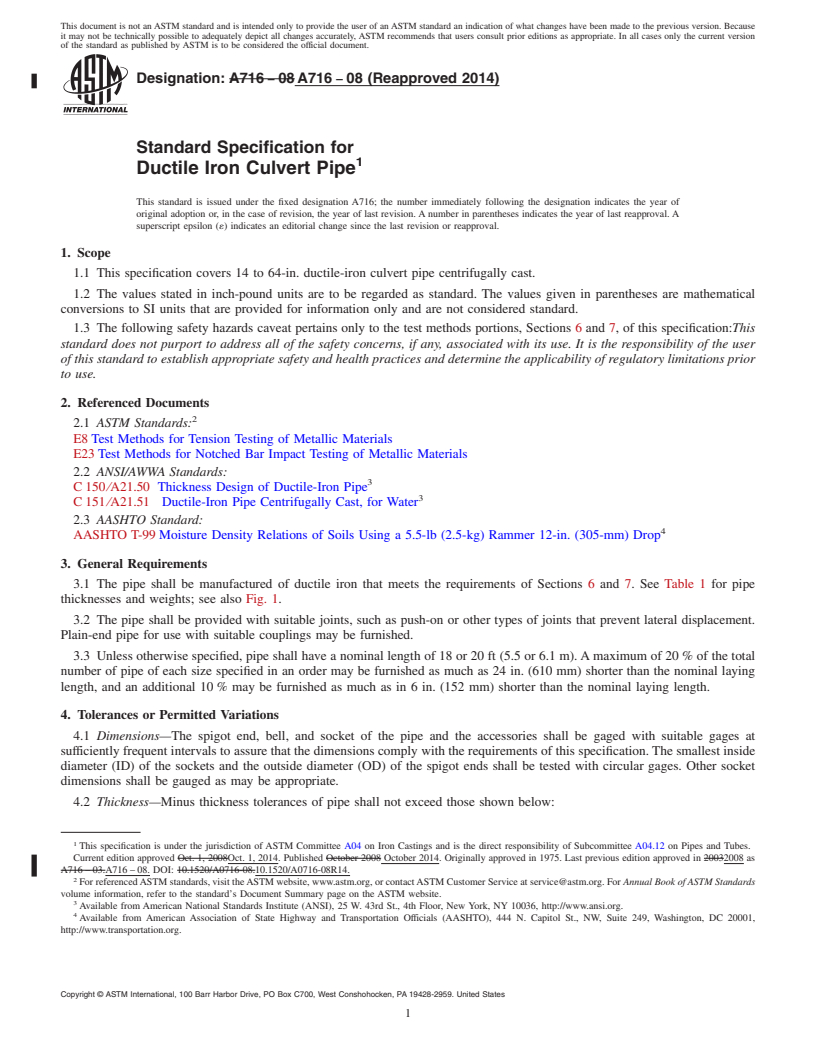 REDLINE ASTM A716-08(2014) - Standard Specification for  Ductile Iron Culvert Pipe