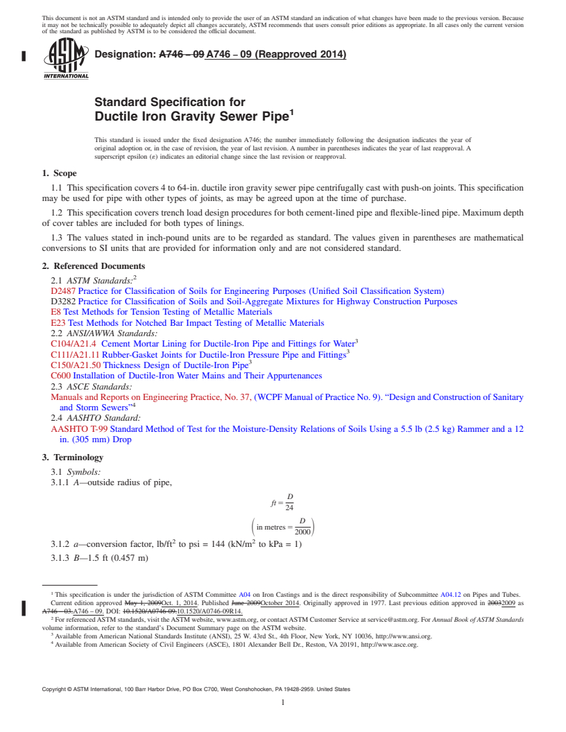 REDLINE ASTM A746-09(2014) - Standard Specification for  Ductile Iron Gravity Sewer Pipe