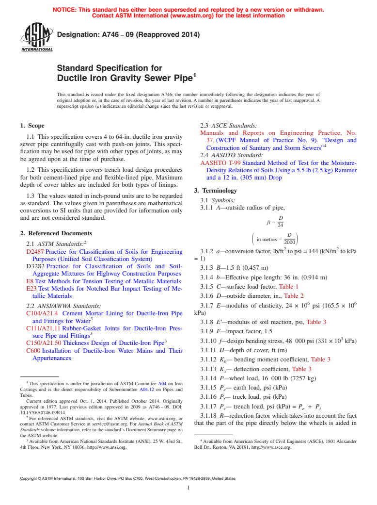 ASTM A746-09(2014) - Standard Specification for  Ductile Iron Gravity Sewer Pipe