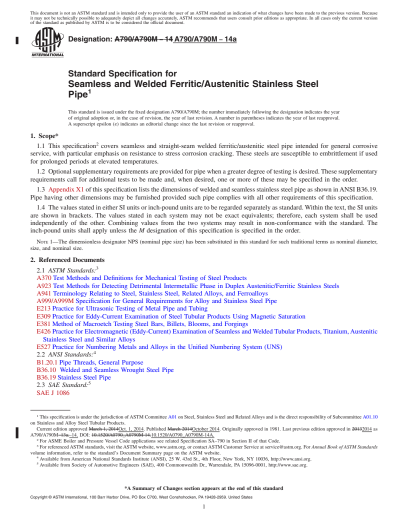 REDLINE ASTM A790/A790M-14a - Standard Specification for  Seamless and Welded Ferritic/Austenitic Stainless Steel Pipe