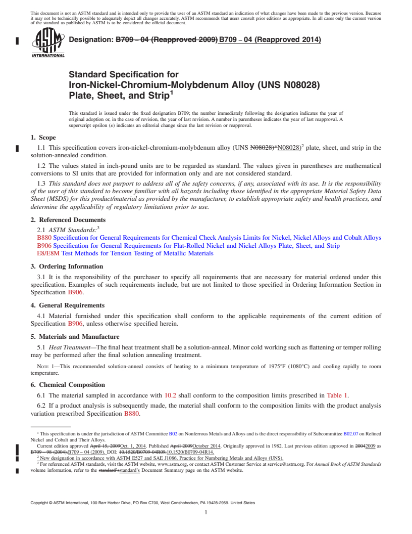 REDLINE ASTM B709-04(2014) - Standard Specification for Iron-Nickel-Chromium-Molybdenum Alloy &#40;UNS N08028&#41; Plate, Sheet,  and       Strip