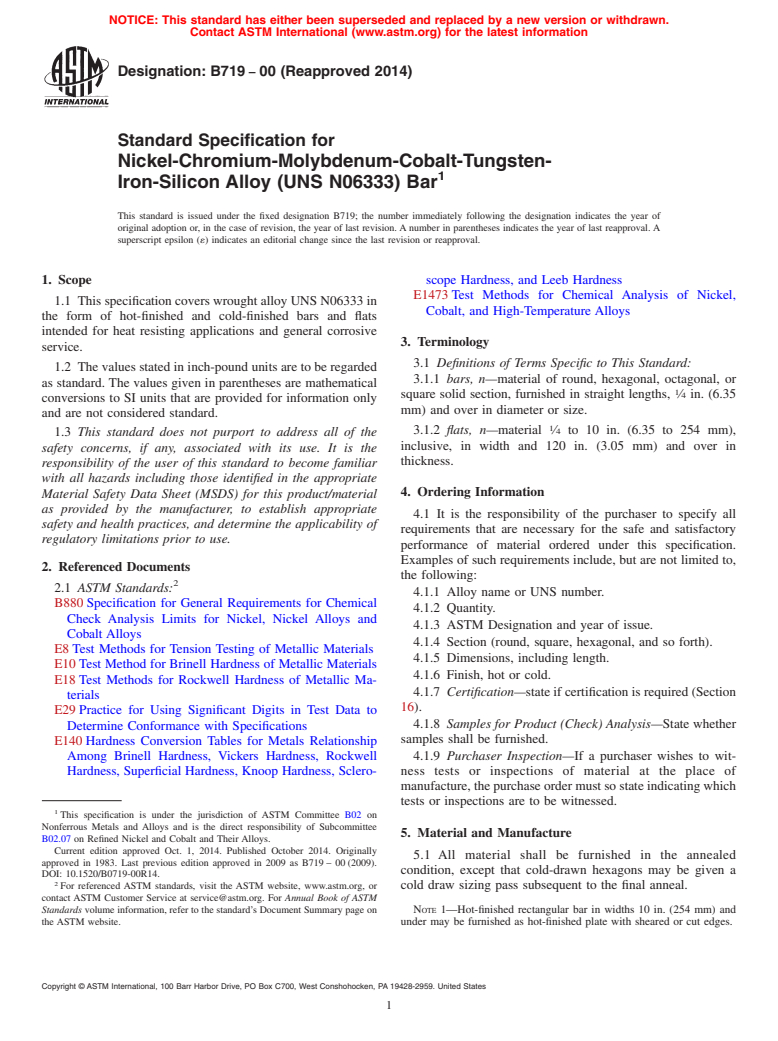 ASTM B719-00(2014) - Standard Specification for Nickel-Chromium-Molybdenum-Cobalt-Tungsten-<brk/>Iron-Silicon  Alloy  &#40;UNS N06333&#41; Bar