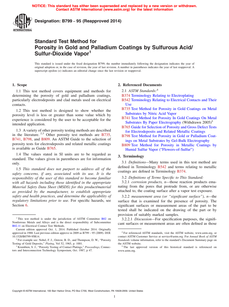 ASTM B799-95(2014) - Standard Test Method for Porosity in Gold and Palladium Coatings by Sulfurous Acid/Sulfur-Dioxide  Vapor