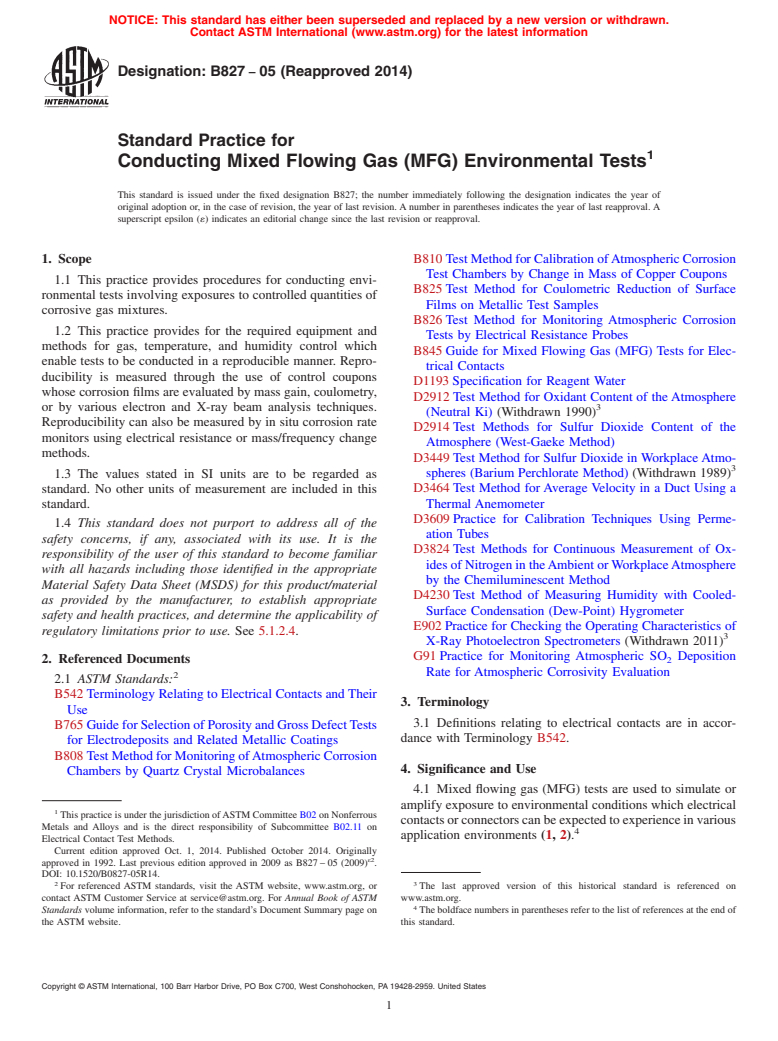 ASTM B827-05(2014) - Standard Practice for Conducting Mixed Flowing Gas &#40;MFG&#41; Environmental Tests