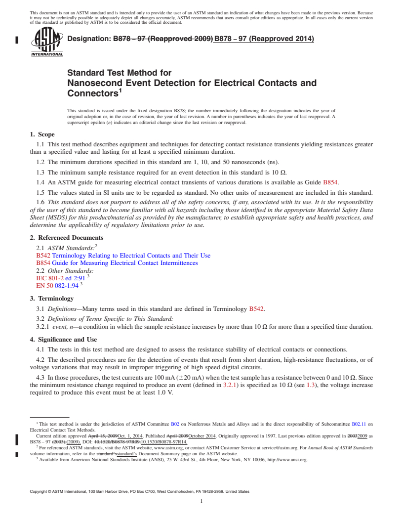 REDLINE ASTM B878-97(2014) - Standard Test Method for Nanosecond Event Detection for Electrical Contacts and Connectors