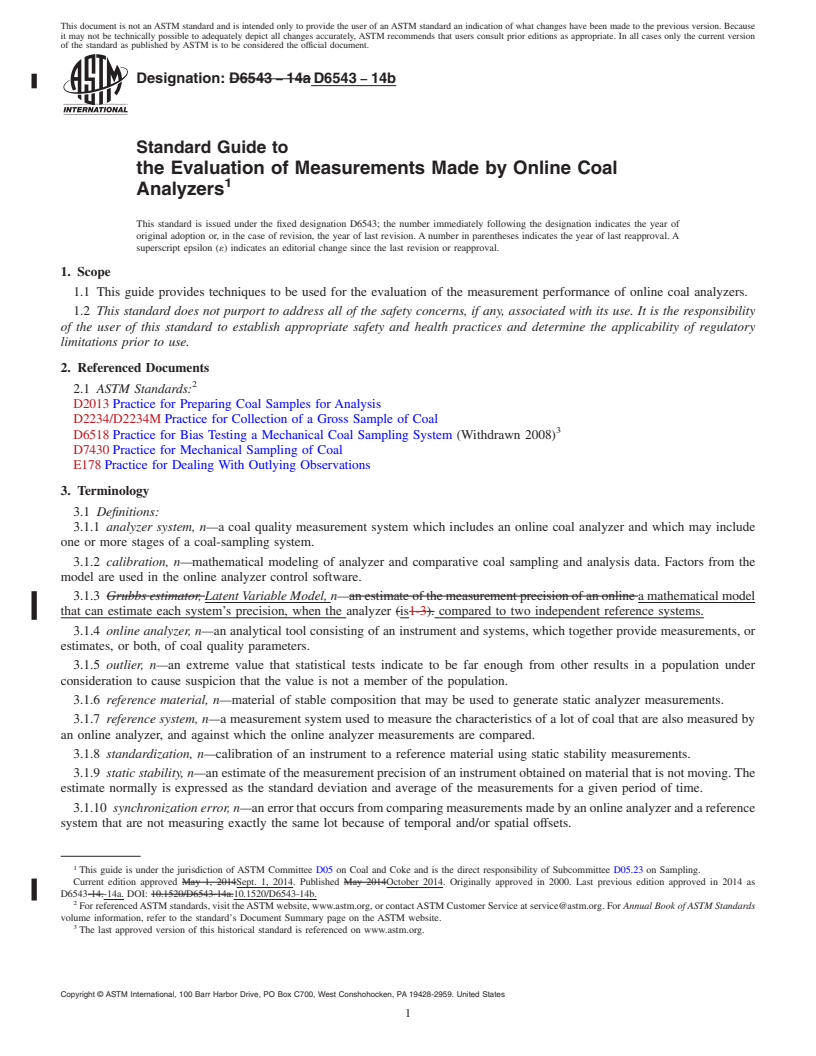 REDLINE ASTM D6543-14b - Standard Guide to  the Evaluation of Measurements Made by Online Coal Analyzers