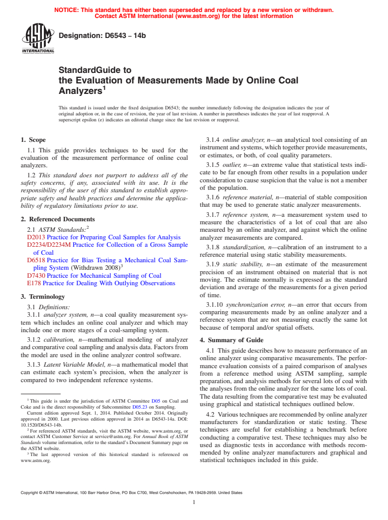 ASTM D6543-14b - Standard Guide to  the Evaluation of Measurements Made by Online Coal Analyzers