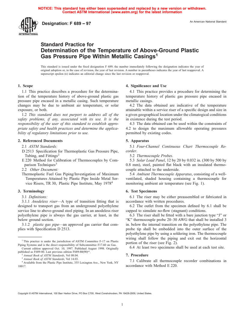 ASTM F689-97 - Standard Practice for Determination of the Temperature of Above-Ground Plastic Gas Pressure Pipe Within Metallic Casings