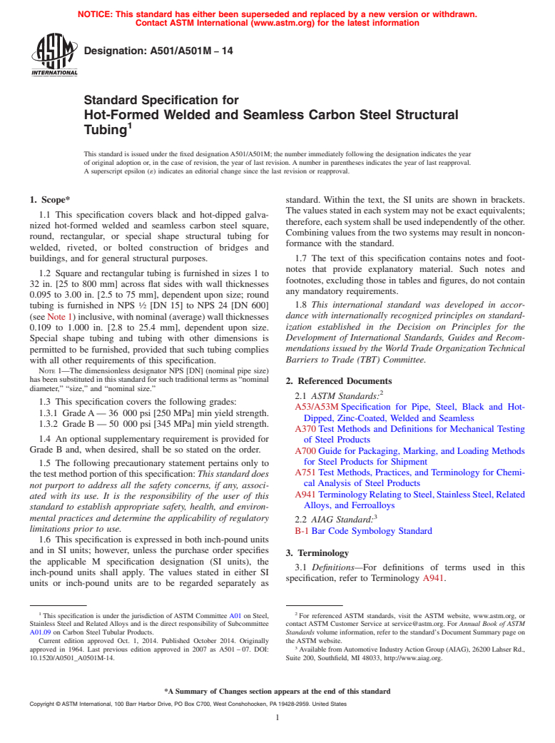 ASTM A501/A501M-14 - Standard Specification for Hot-Formed Welded and Seamless Carbon Steel Structural Tubing