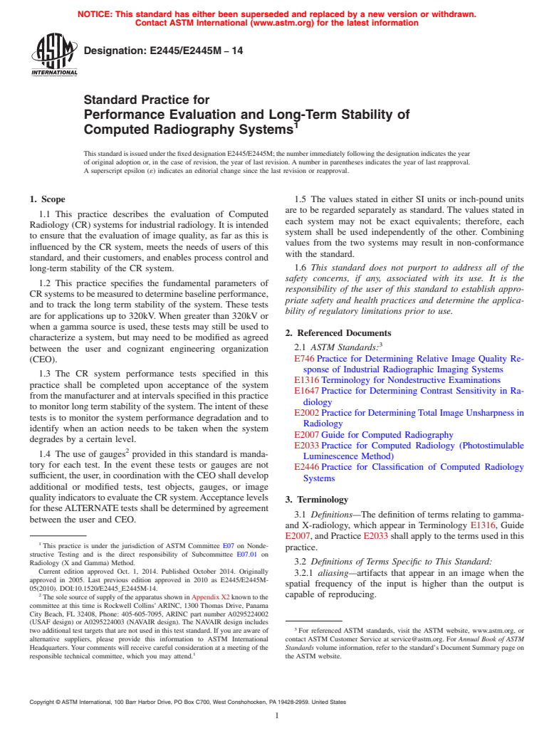 ASTM E2445/E2445M-14 - Standard Practice for Performance Evaluation and Long-Term Stability of Computed  Radiography Systems