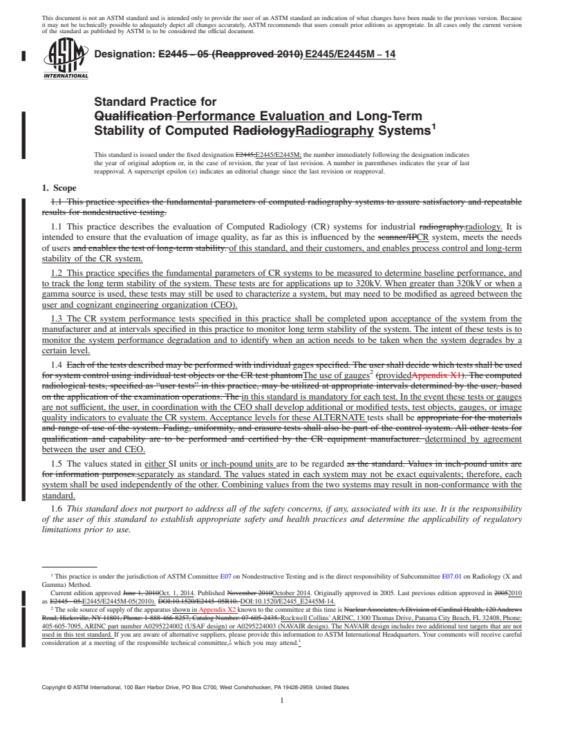 REDLINE ASTM E2445/E2445M-14 - Standard Practice for Performance Evaluation and Long-Term Stability of Computed  Radiography Systems