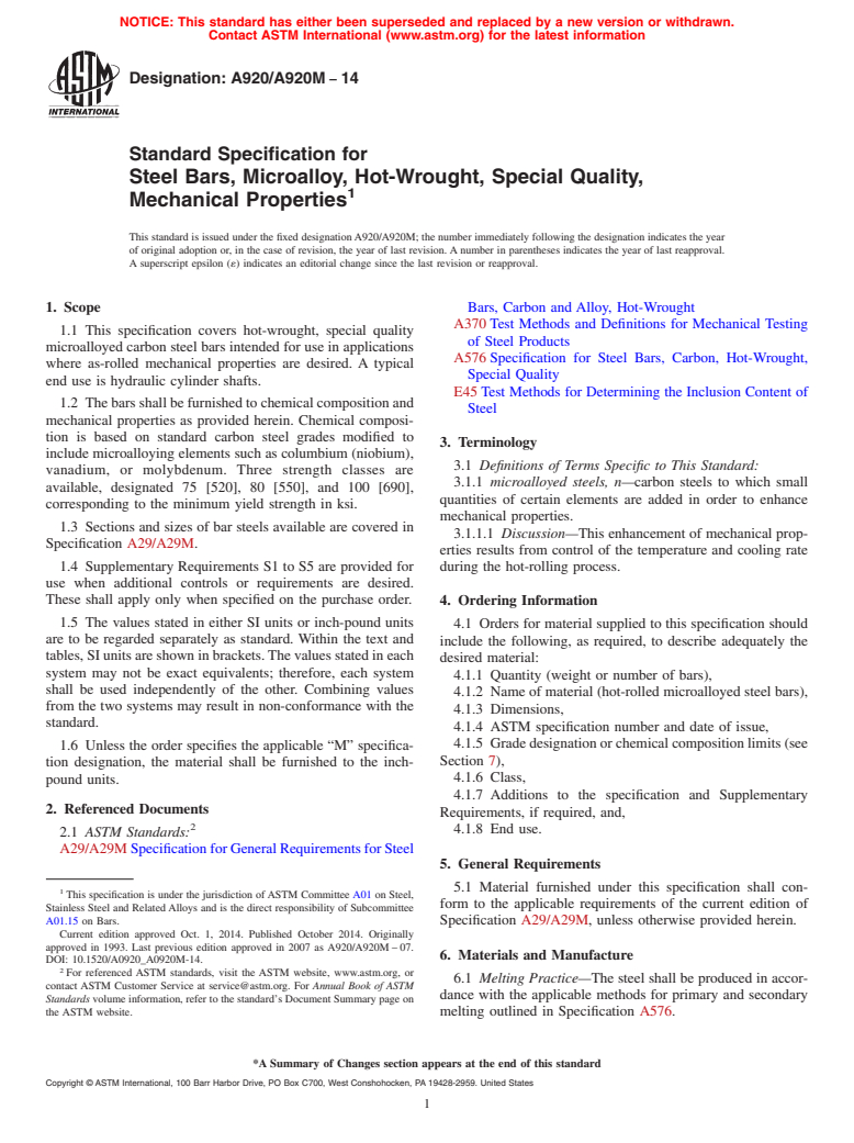 ASTM A920/A920M-14 - Standard Specification for Steel Bars, Microalloy, Hot-Wrought, Special Quality, Mechanical  Properties