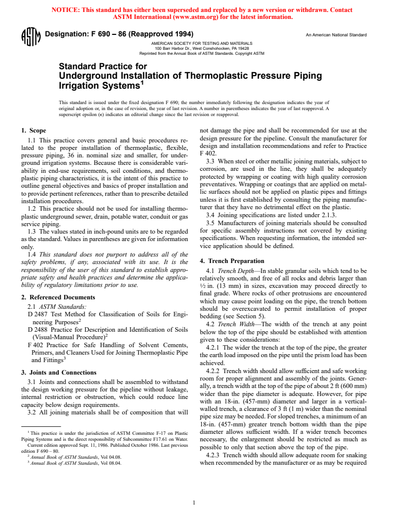 ASTM F690-86(1994) - Standard Practice for Underground Installation of Thermoplastic Pressure Piping Irrigation Systems