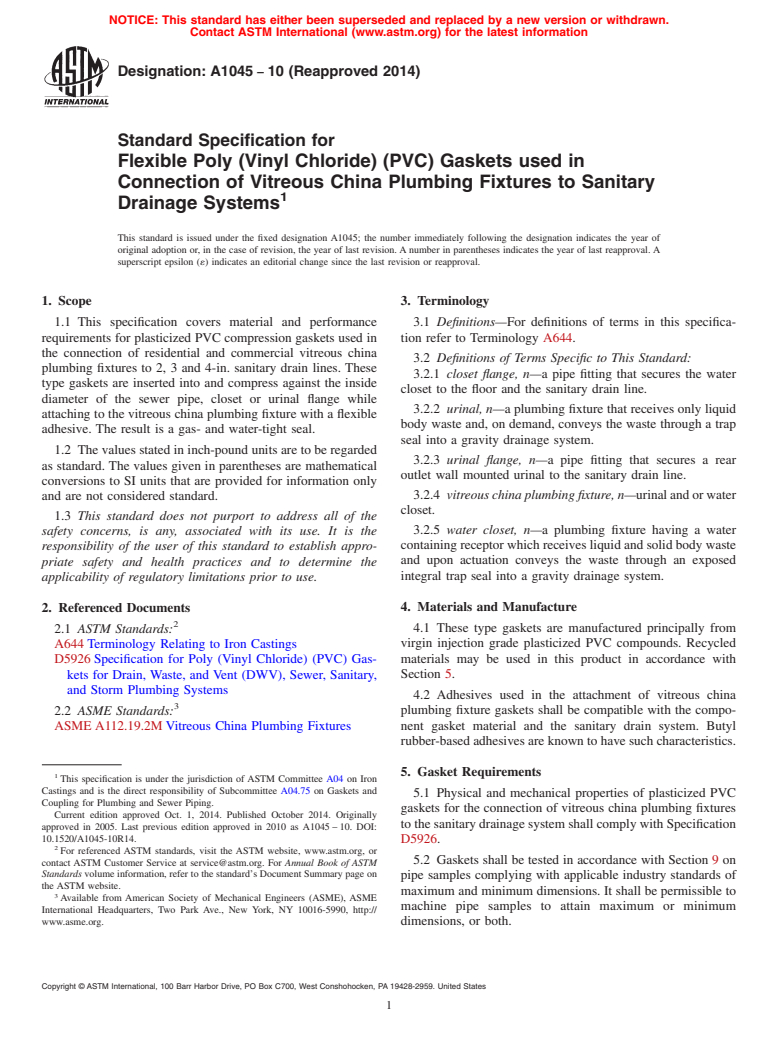 ASTM A1045-10(2014) - Standard Specification for  Flexible Poly &#40;Vinyl Chloride&#41; &#40;PVC&#41; Gaskets used in Connection   of Vitreous China Plumbing Fixtures to Sanitary Drainage Systems