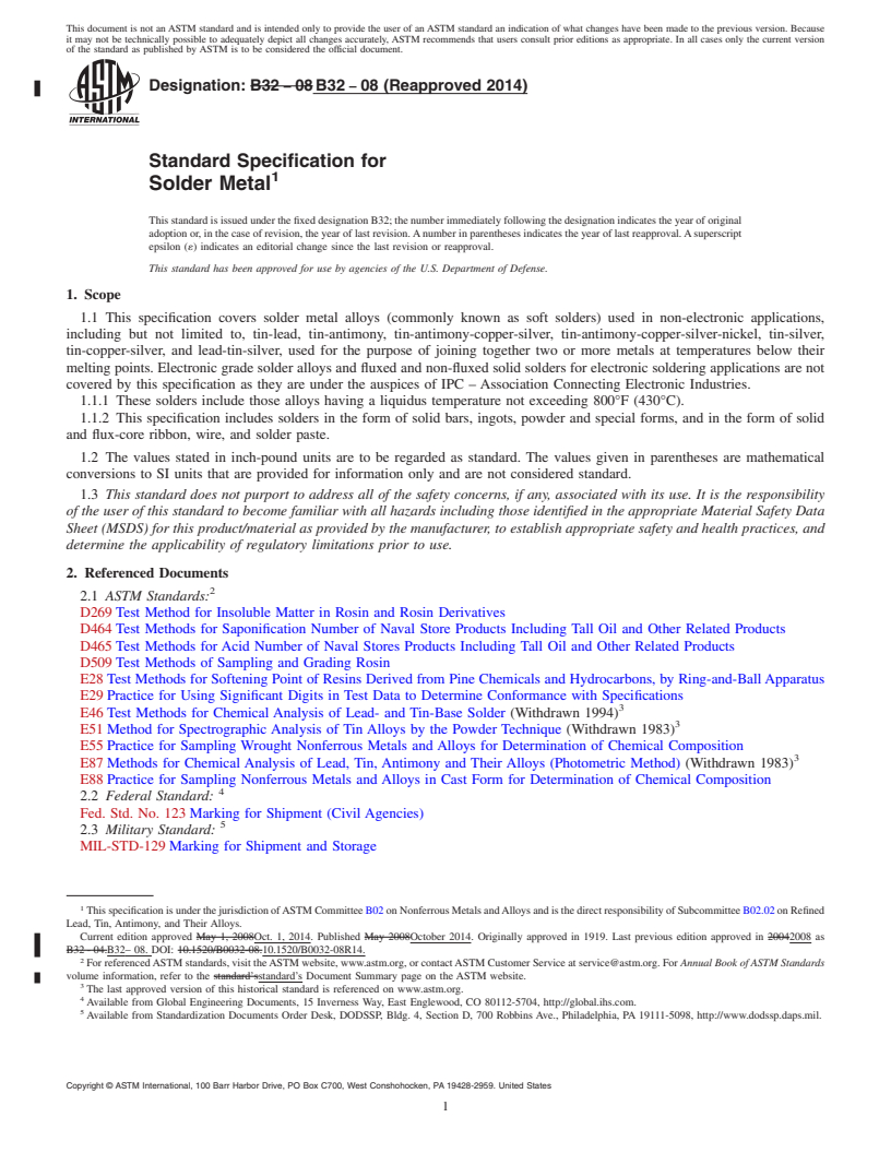 REDLINE ASTM B32-08(2014) - Standard Specification for Solder Metal