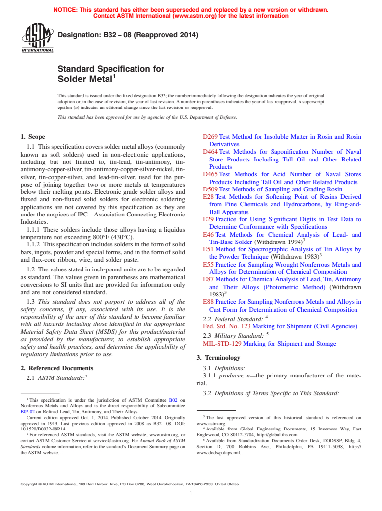 ASTM B32-08(2014) - Standard Specification for Solder Metal