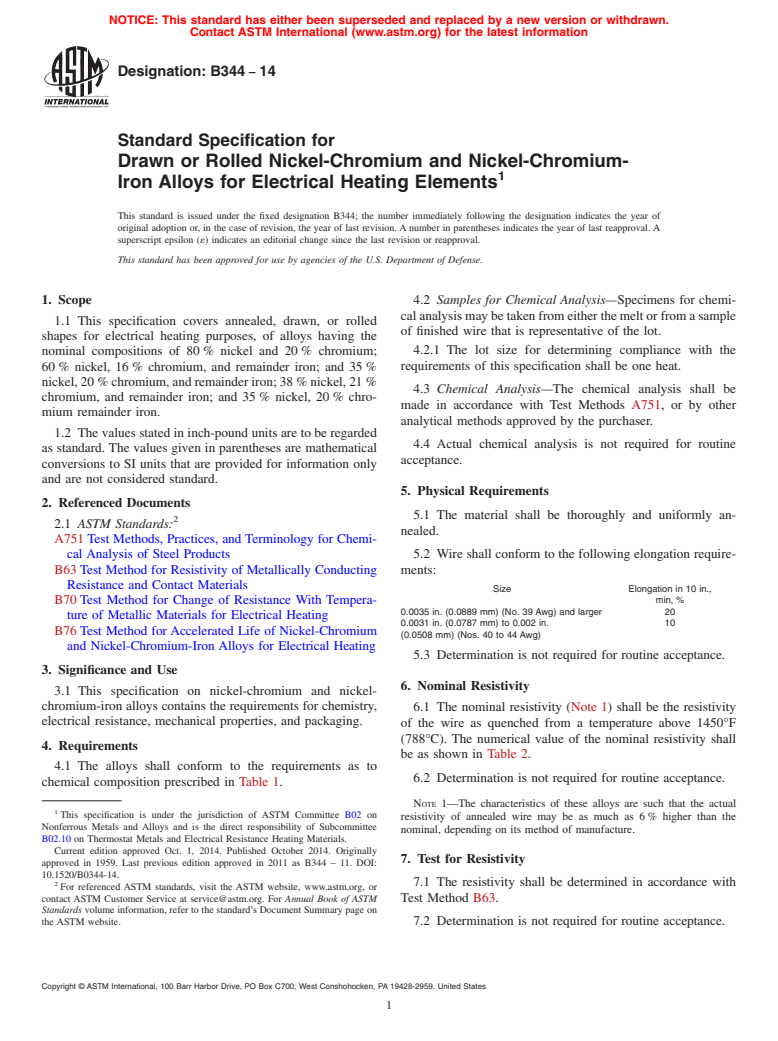 ASTM B344-14 - Standard Specification for Drawn or Rolled Nickel-Chromium and Nickel-Chromium-Iron Alloys  for  Electrical Heating Elements