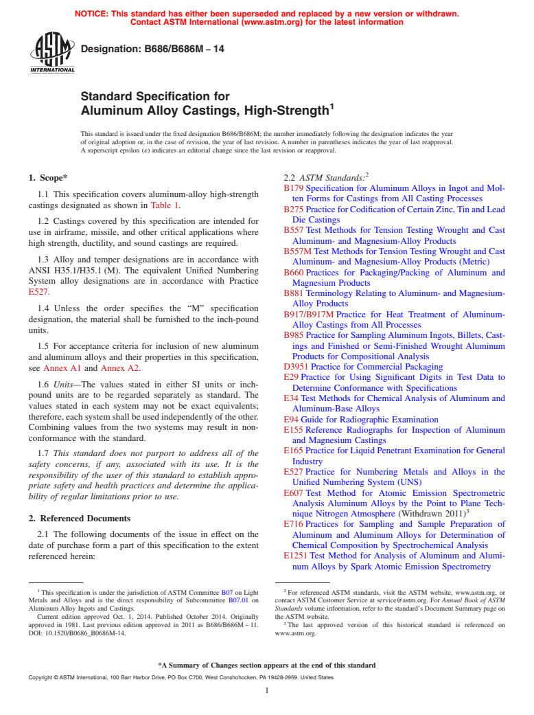 ASTM B686/B686M-14 - Standard Specification for  Aluminum Alloy Castings, High-Strength
