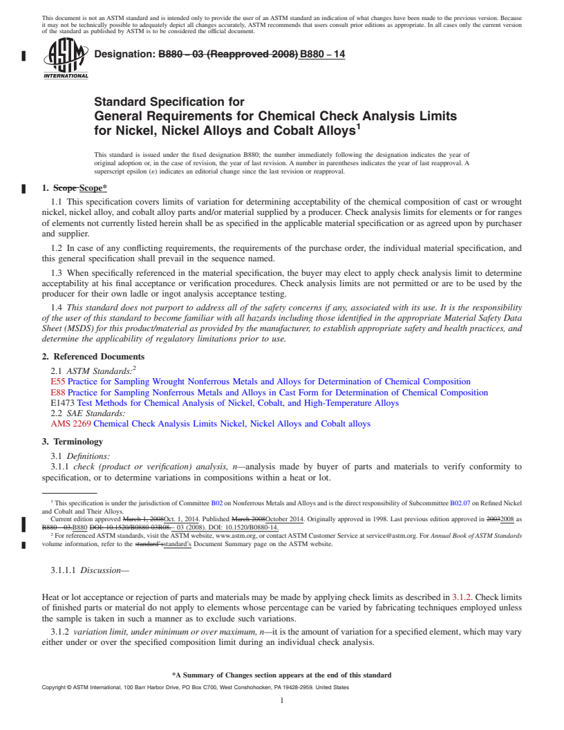 REDLINE ASTM B880-14 - Standard Specification for General Requirements for Chemical Check Analysis Limits for  Nickel,    Nickel Alloys and Cobalt Alloys