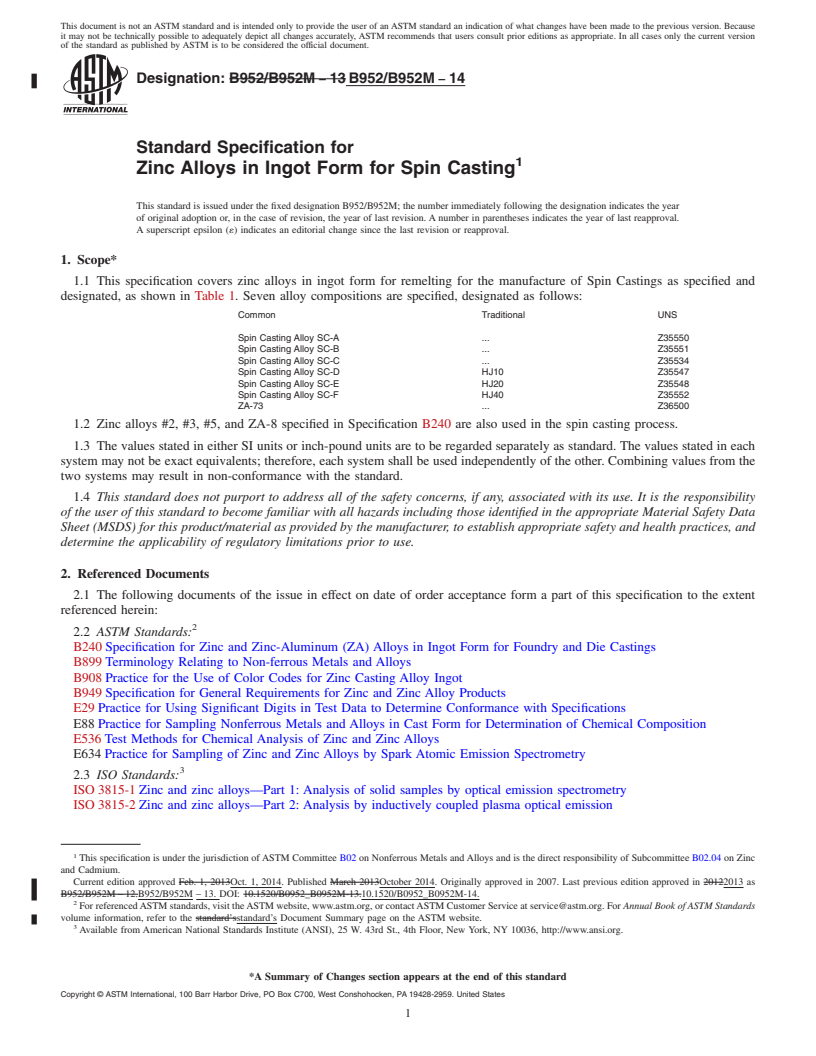 REDLINE ASTM B952/B952M-14 - Standard Specification for Zinc Alloys in Ingot Form for Spin Casting