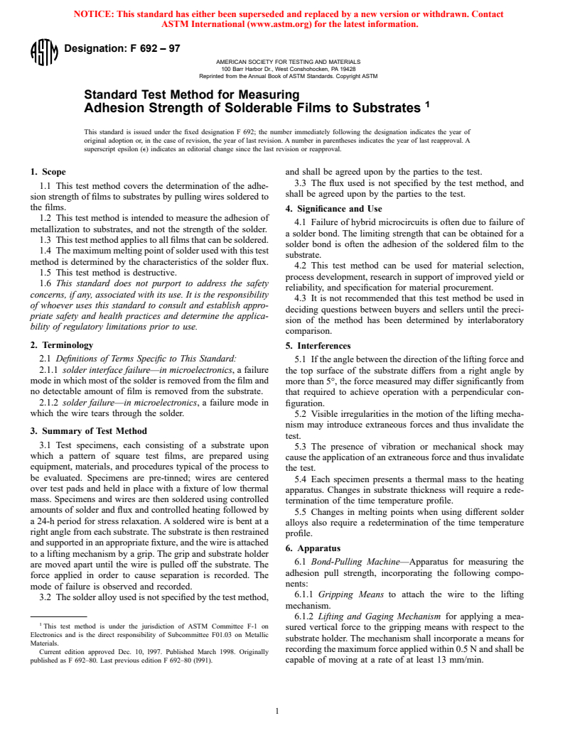 ASTM F692-97 - Standard Test Method for Measuring Adhesion Strength of Solderable Films to Substrates