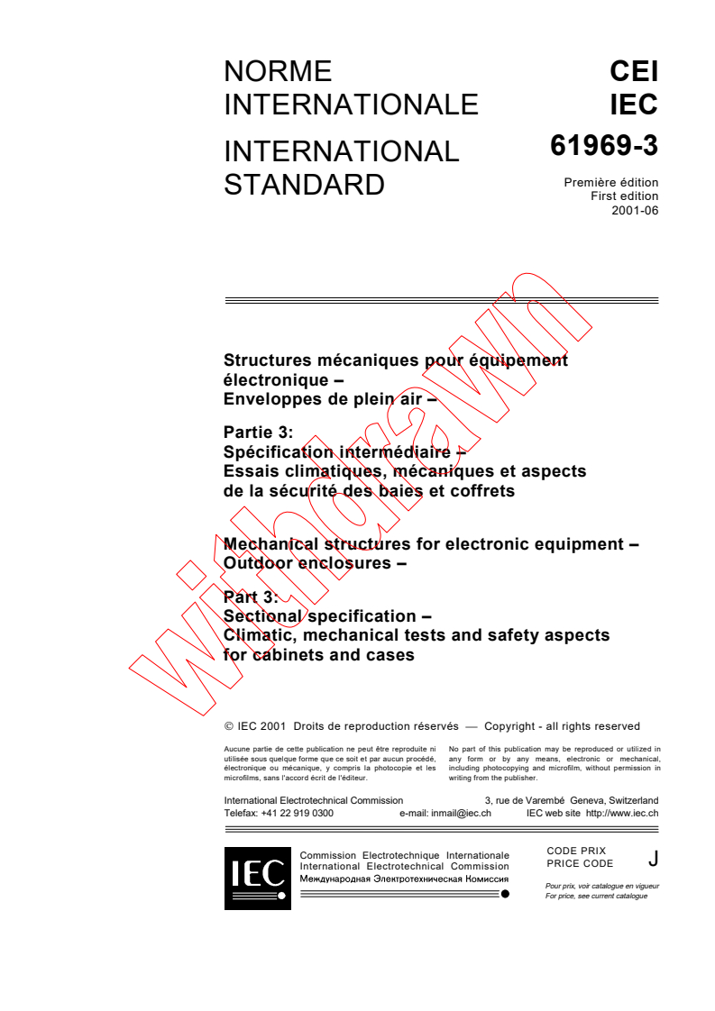 IEC 61969-3:2001 - Mechanical structures for electronic equipment - Outdoor enclosures - Part 3: Sectional specification - Climatic, mechanical tests and safety aspects for cabinets and cases
Released:6/19/2001
Isbn:2831858097