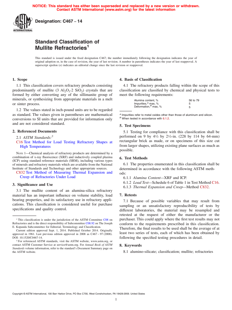 ASTM C467-14 - Standard Classification of  Mullite Refractories