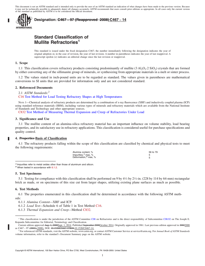 REDLINE ASTM C467-14 - Standard Classification of  Mullite Refractories