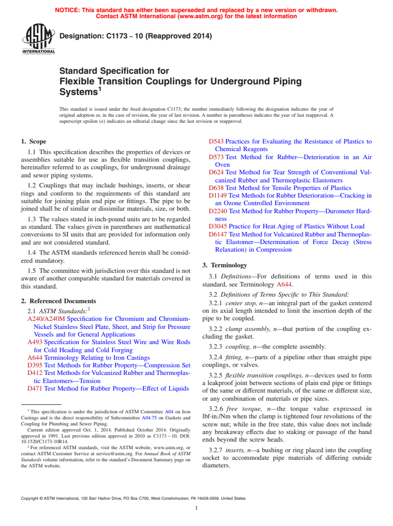 ASTM C1173-10(2014) - Standard Specification for  Flexible Transition Couplings for Underground Piping Systems