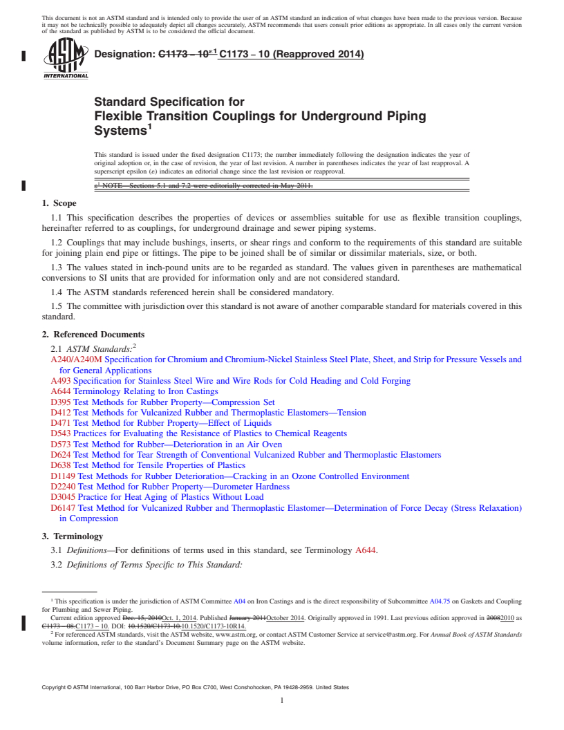 REDLINE ASTM C1173-10(2014) - Standard Specification for  Flexible Transition Couplings for Underground Piping Systems