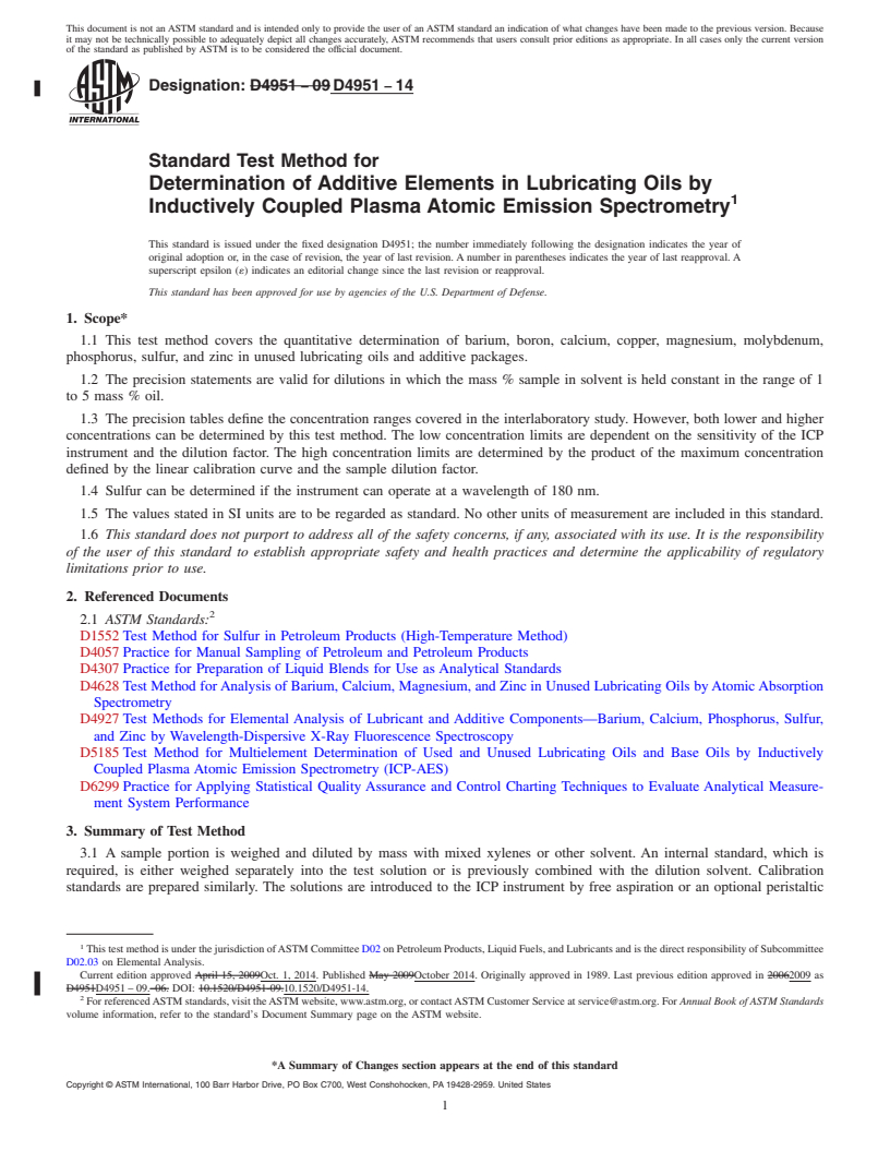 REDLINE ASTM D4951-14 - Standard Test Method for  Determination of Additive Elements in Lubricating Oils by Inductively  Coupled Plasma Atomic Emission Spectrometry