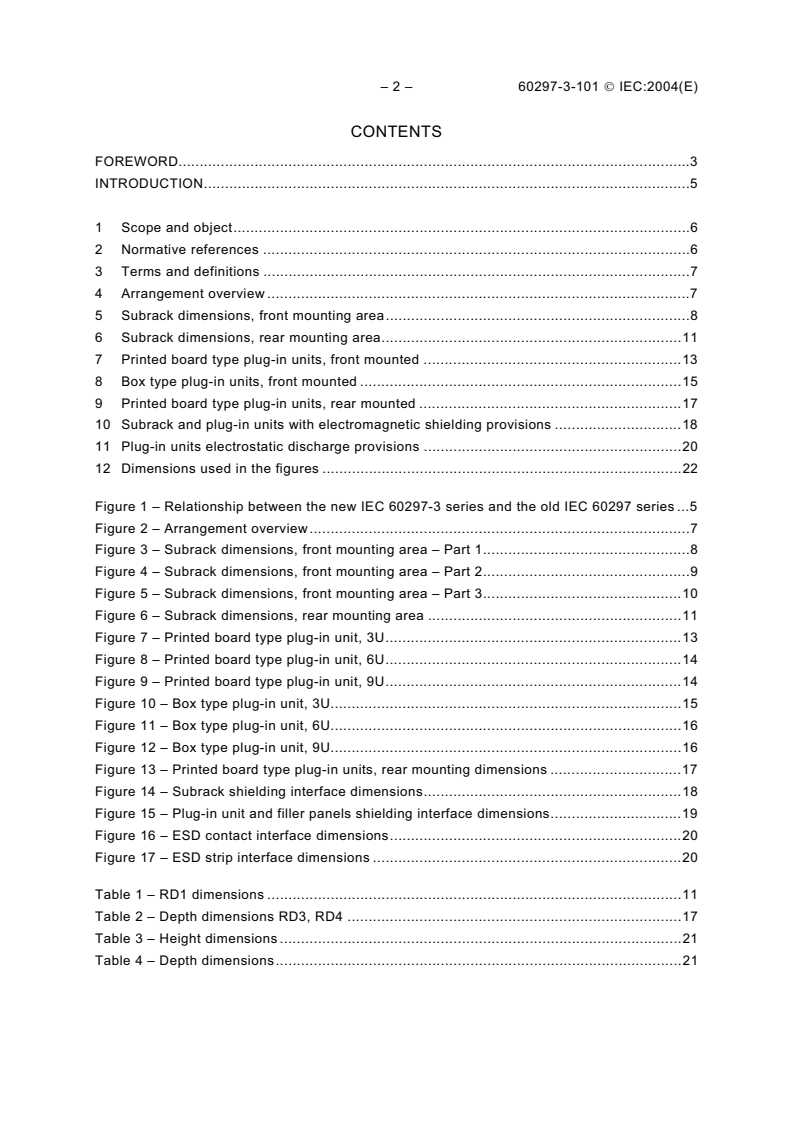 IEC 60297-3-101:2004 IEC 60297-3-101:2004 - Mechanical structures for electronic equipment - Dimensions of mechanical structures of the 482,6 mm (19 in) series - Part 3-101: Subracks and associated plug-in units
Released:8/17/2004
Isbn:2831876168 - Page 4 preview