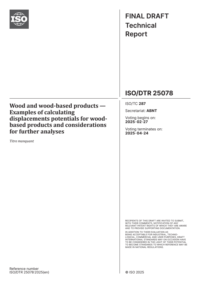 ISO/DTR 25078 - Wood and wood-based products — Examples of calculating displacements potentials for wood-based products and considerations for further analyses
Released:13. 02. 2025