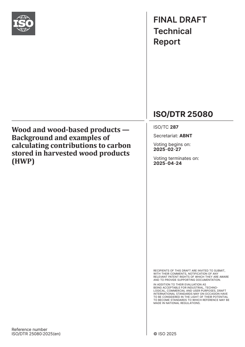ISO/DTR 25080 - Wood and wood-based products — Background and examples of calculating contributions to carbon stored in harvested wood products (HWP)
Released:13. 02. 2025