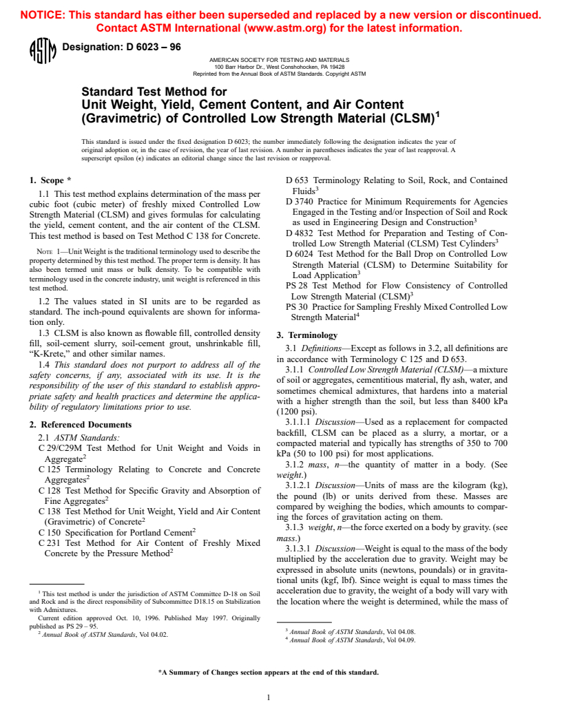 ASTM D6023-96 - Standard Test Method for Unit Weight, Yield, Cement Content, and Air Content (Gravimetric) of Controlled Low Strength Material (CLSM)