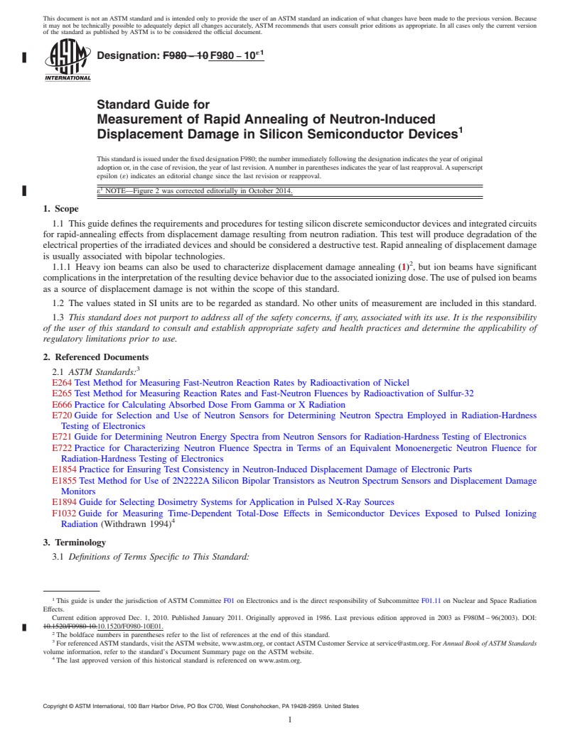 REDLINE ASTM F980-10e1 - Standard Guide for  Measurement of Rapid Annealing of Neutron-Induced Displacement   Damage in Silicon Semiconductor Devices