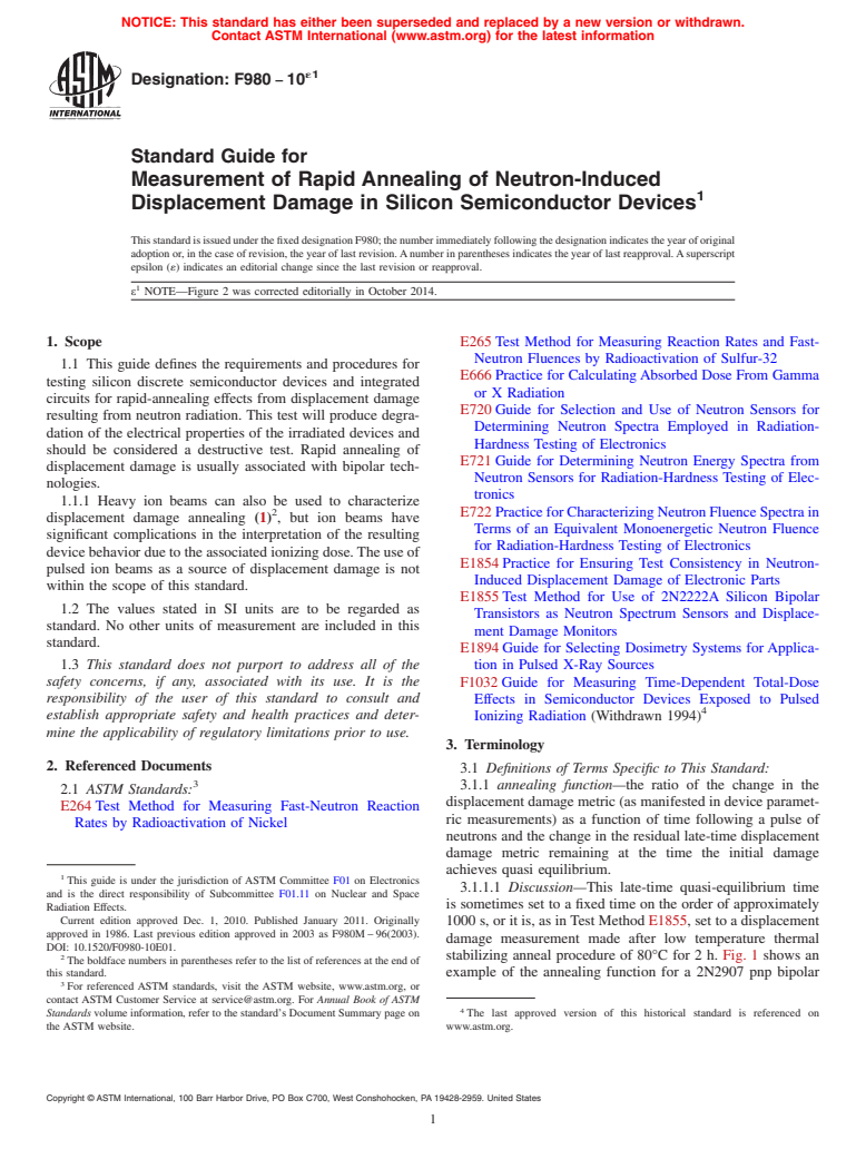 ASTM F980-10e1 - Standard Guide for  Measurement of Rapid Annealing of Neutron-Induced Displacement   Damage in Silicon Semiconductor Devices